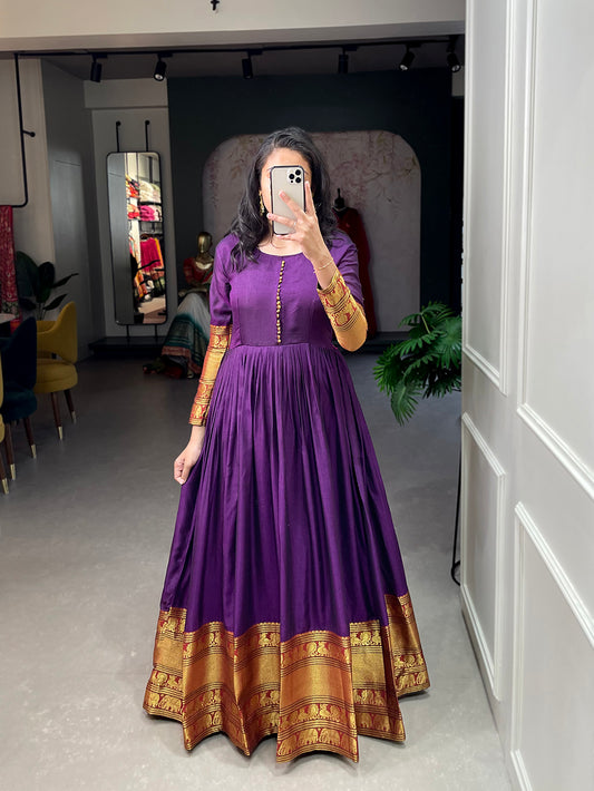 Purple Color Zari Weaving Work Narayan Pet Cotton Dress