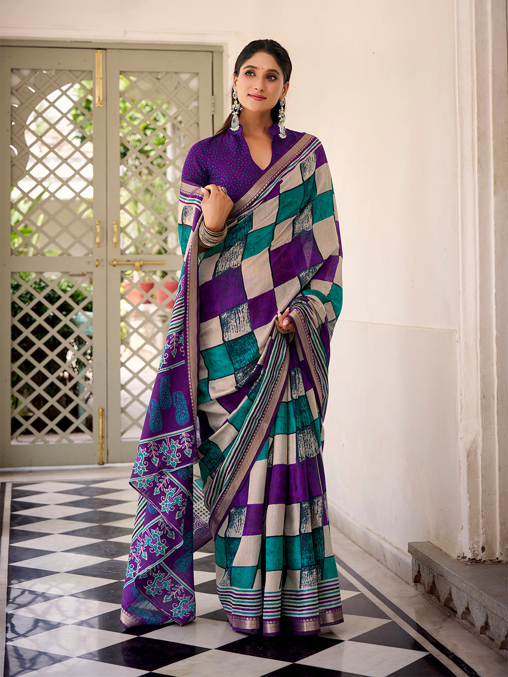 Purple Color Printed With Temple Border Polyester Viscose Chanderi Saree