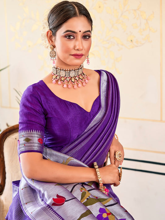 Purple Color Weaving Zari Work Paithani Meenakari Saree
