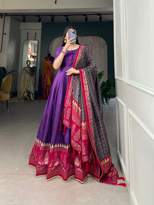 Purple Color Print With Foil Print Tussar Silk Dress