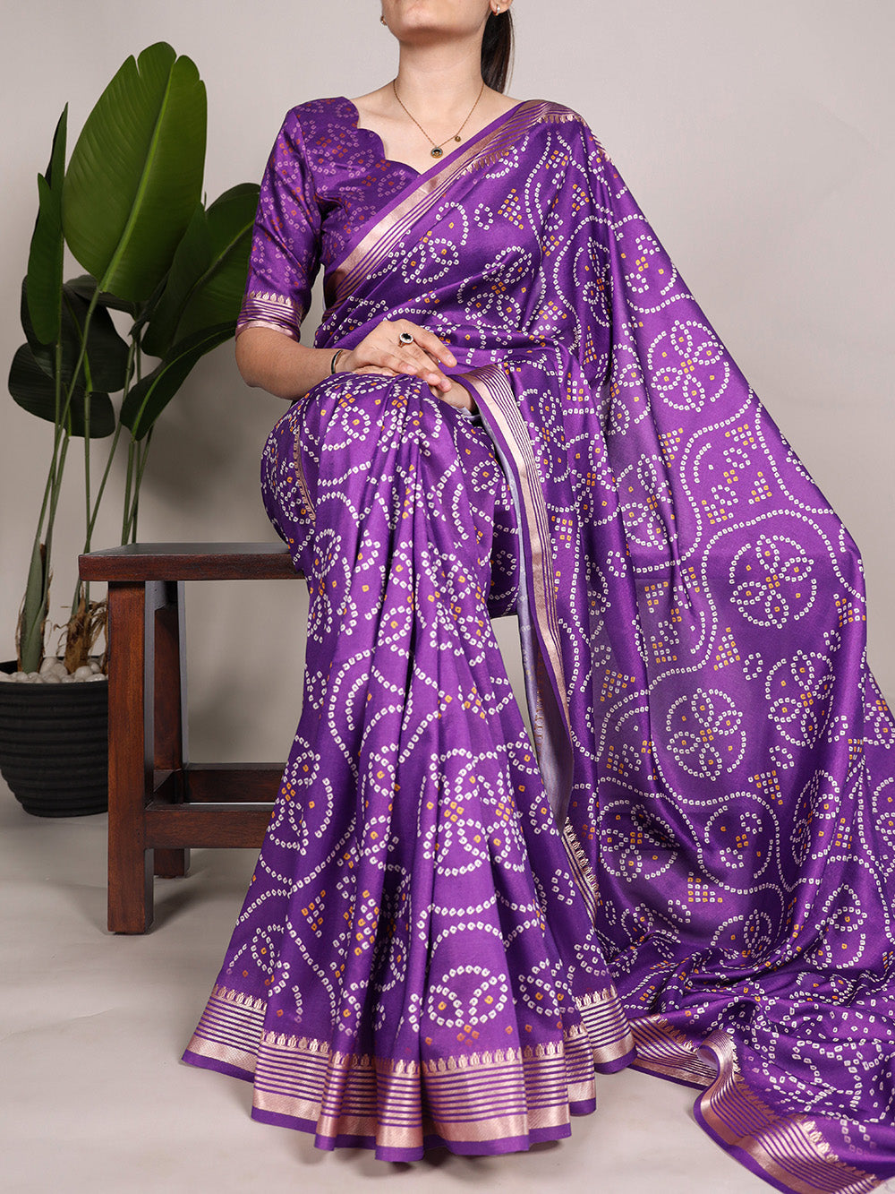 Purple Color Printed Tussar Silk With Viscose Border Saree
