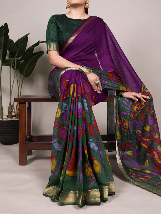Purple Color Tradition Floral Printed With Zari Weaving Work Viscose Chanderi Saree