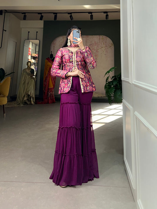 Purple Color Weaving Work With Position Print Fabric Viscose Jacquard Silk Kurti Plaza Set