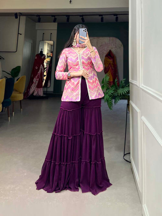 Purple Color Weaving Work With Position Print Viscose Jacquard Silk Kurti Plaza Set