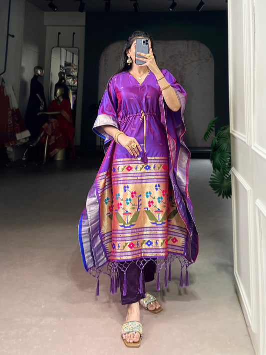 Purple Color Zari Weaving Work Jacquard Kaftan