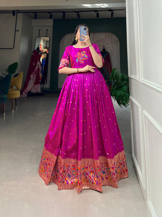 Purple Color Zari Weaving Work Jacquard Silk Dress