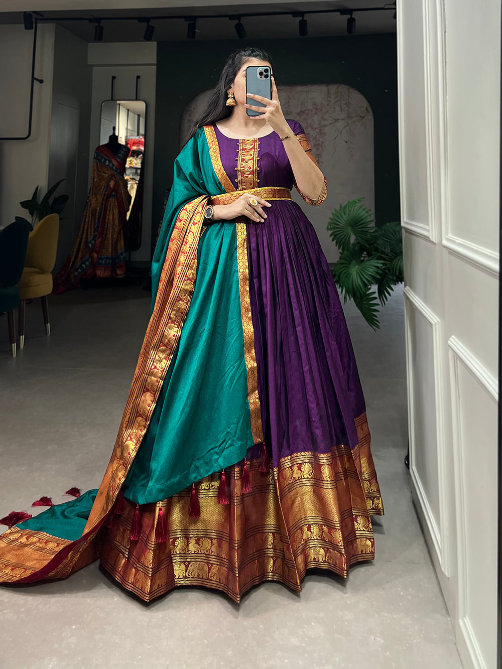 Wine Color Zari Weaving Work Narayan Pet Cotton Venkatagiri Gown