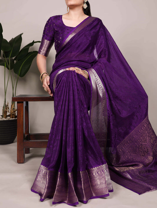 Purple Color Self Printed With Zari Weaving Work Chinon Saree