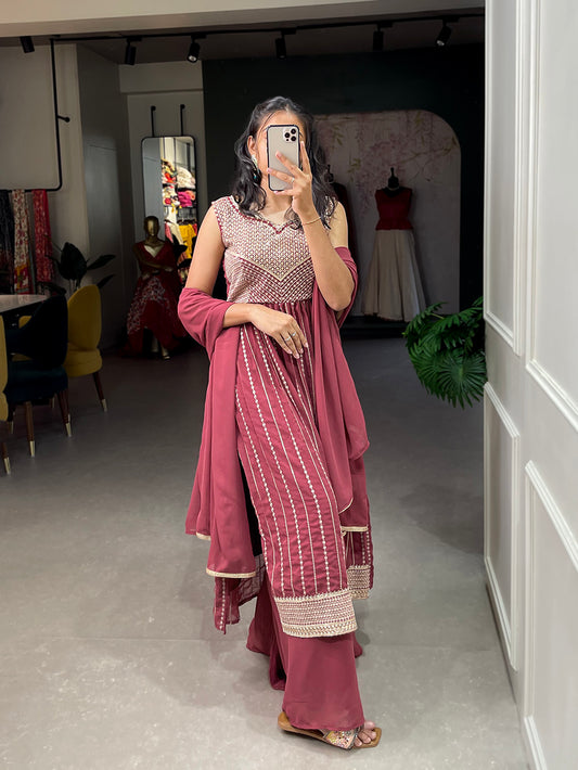 Indian Red Color Sequins And Thread Embroidery Work Georgette Kurti Plaza Set