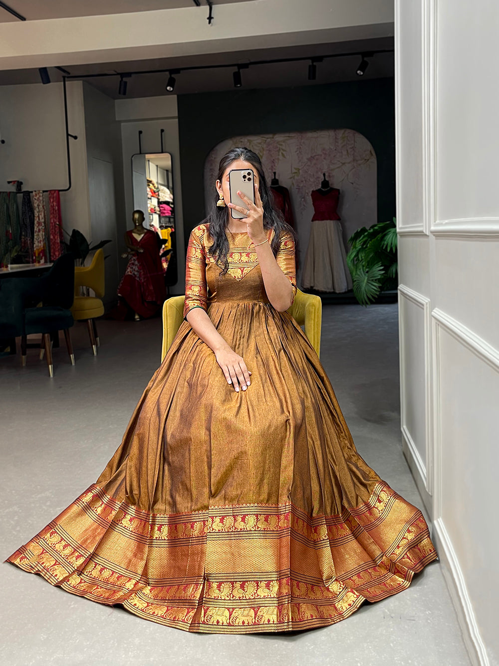 Mustard Color Zari Weaving Work Narayan Pet (Cotton) Dress