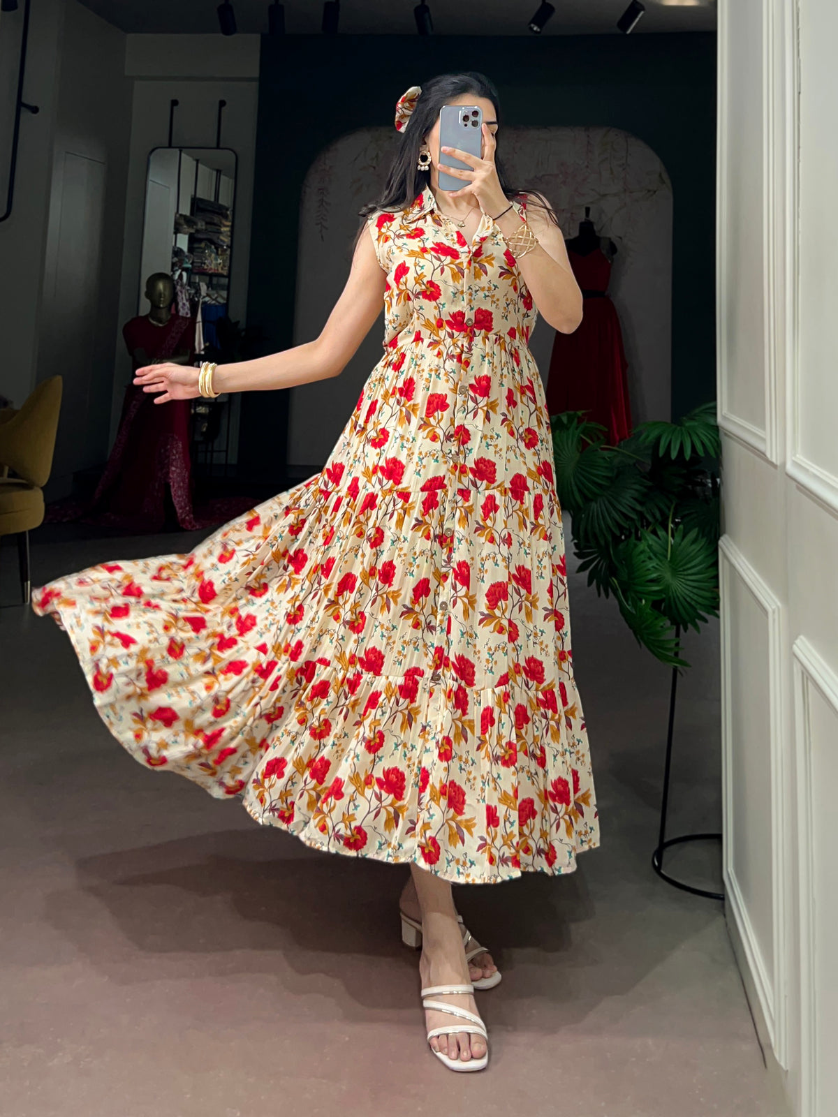 Elegant Floral Print Western Wear Dress