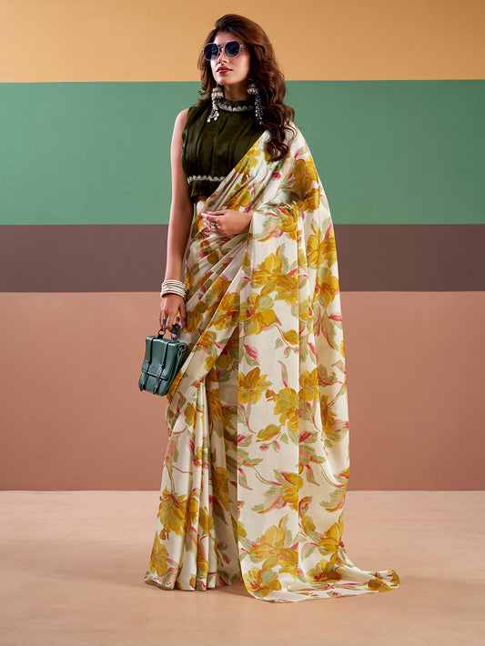 Yellow Color Floral Printed Satin Silk Fancy Saree
