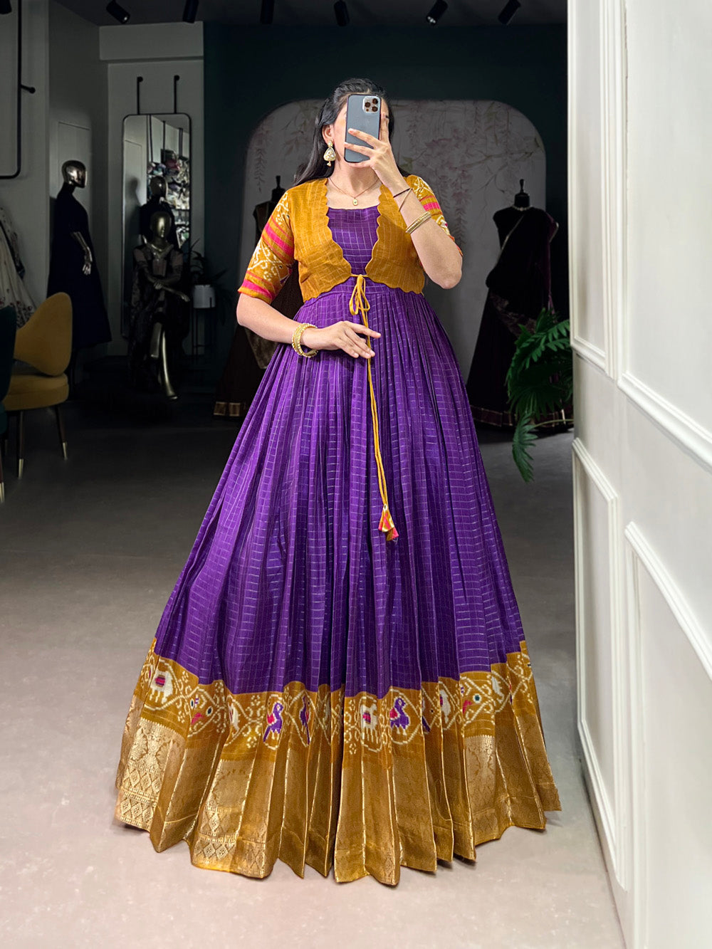 Purple Color Patola Print With Weaving Work Border Tasar Chex Gown By Yana Fab