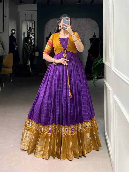 Purple Color Patola Print With Weaving Work Border Tasar Chex Gown By Yana Fab