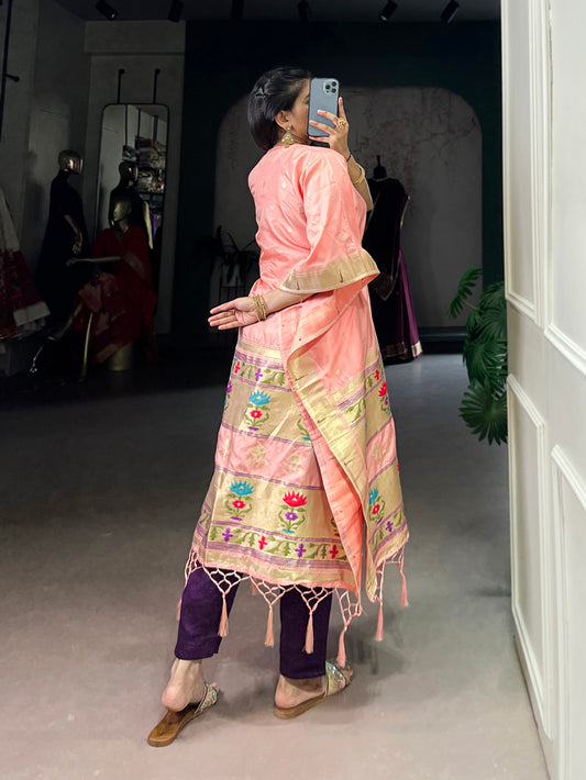 Peach Color Zari Weaving Work Jacquard Kaftan