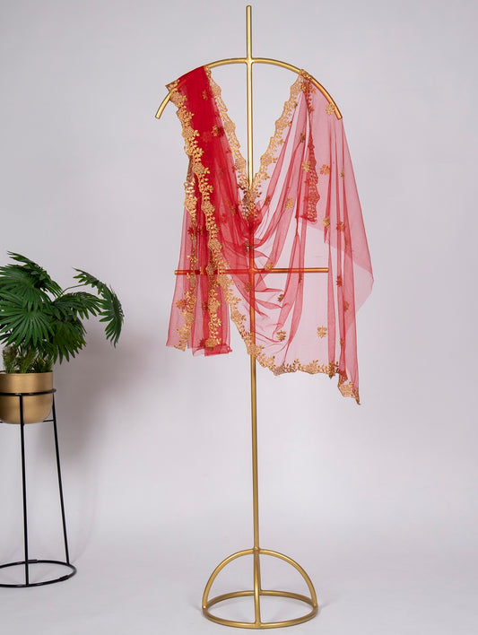 Red Color Embroidery Cut Work and Stone Work Net Dupatta