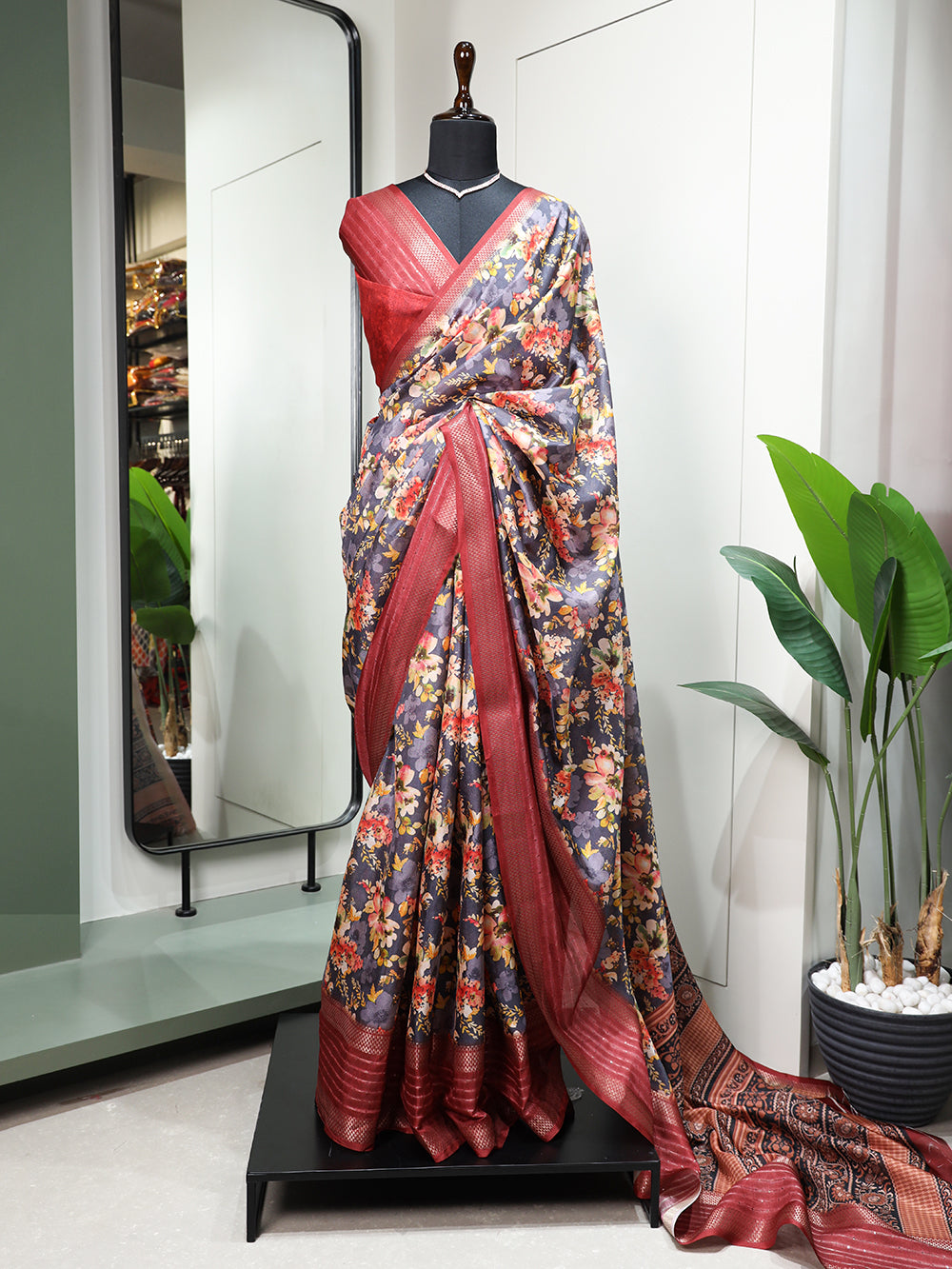 Red Color Printed With Sequins And Zari Work Border Dola Silk Saree