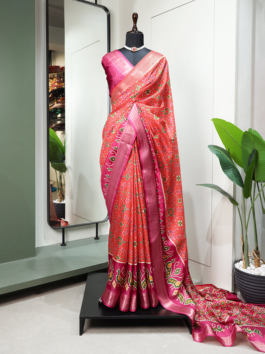 Red Color Digital Patola Printed Dola Silk Saree