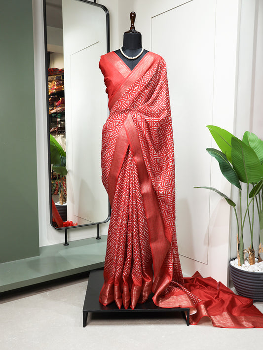 Red Color Printed With Zari Border Dola Silk Saree