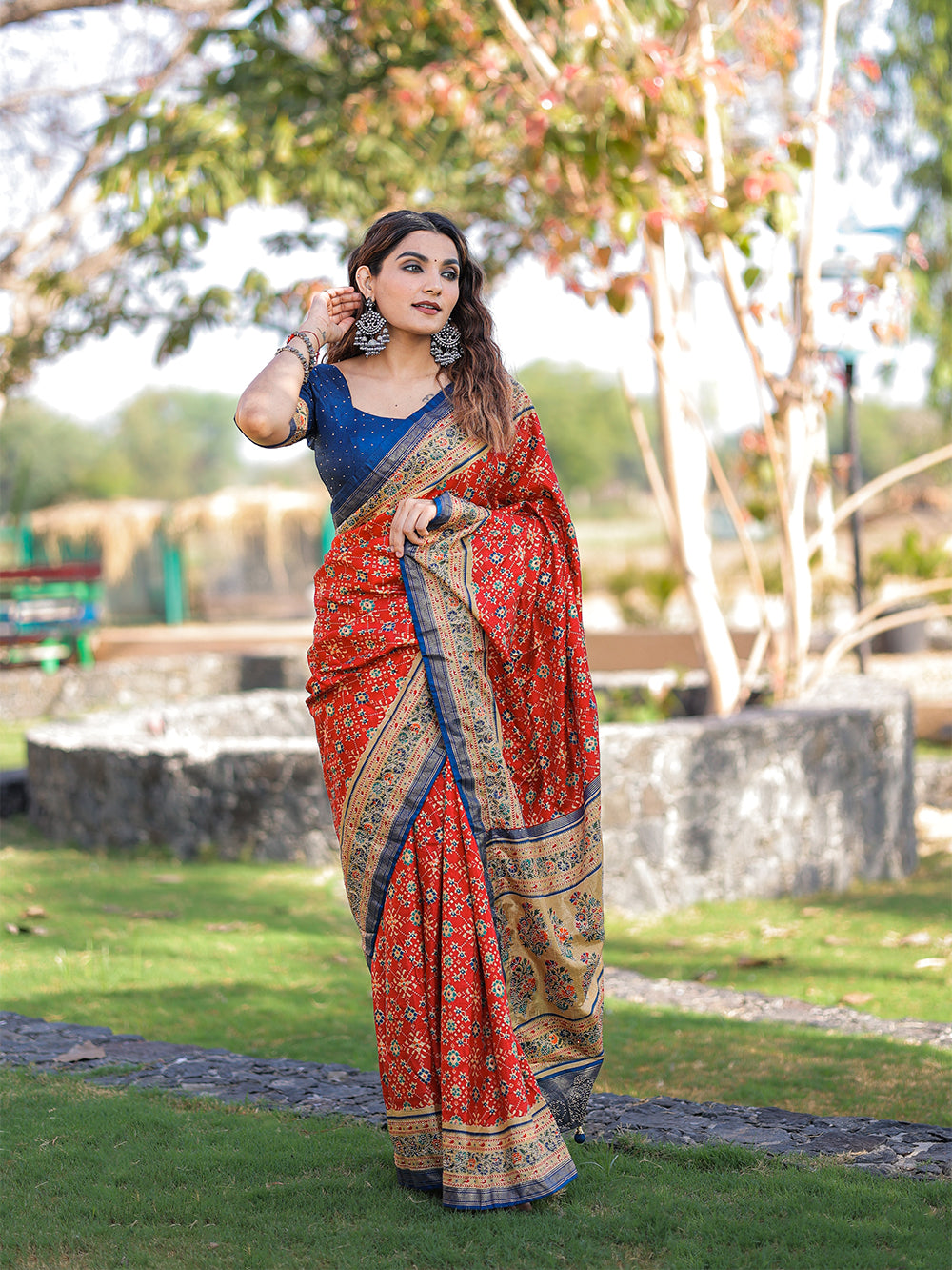 Red Color Foil Printed And Stone Work Dola Silk Saree
