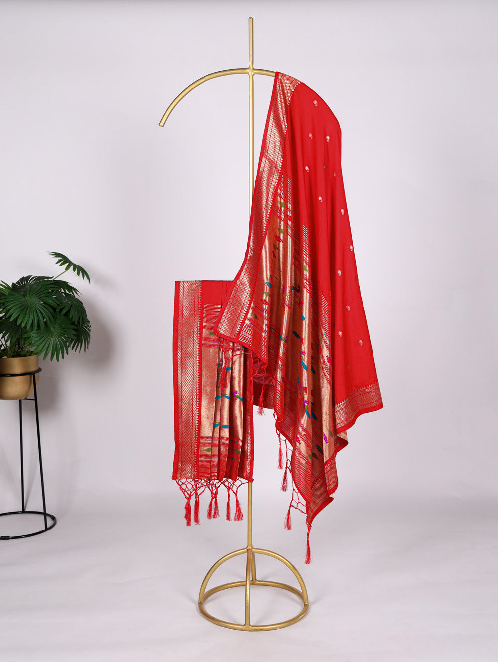 Red Color Weaving Zari Work Jacquard Silk With Paithani Dupatta