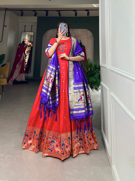 Red Color Zari Weaving Work Jacquard Silk Dress