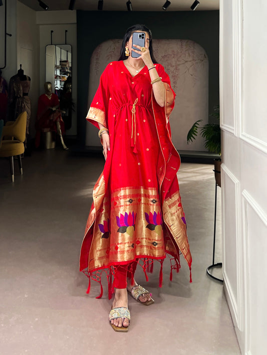 Red Color Zari Weaving Work Jacquard Kaftan