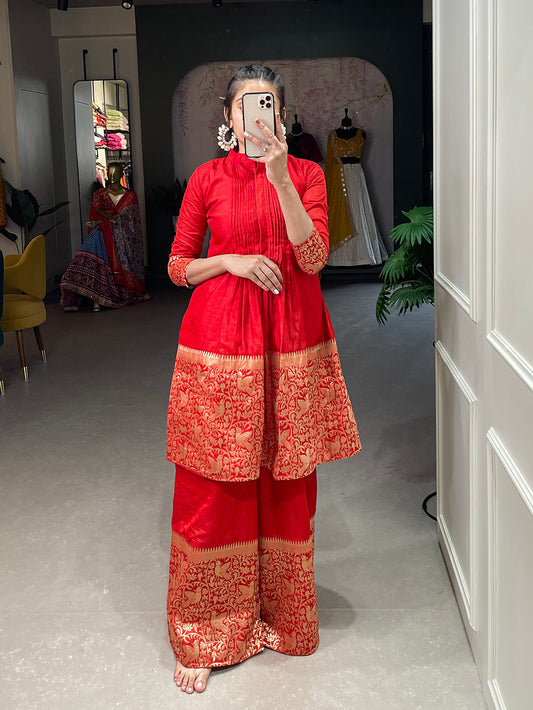 Red Color Zari Weaving Work With Dyeing Silk Kurti Plaza Set