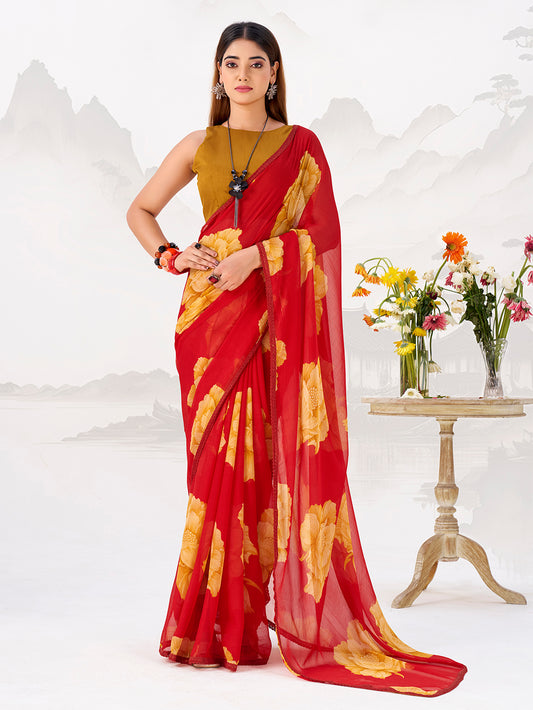 Red Color Floral Print with Lace Border Chiffon Saree