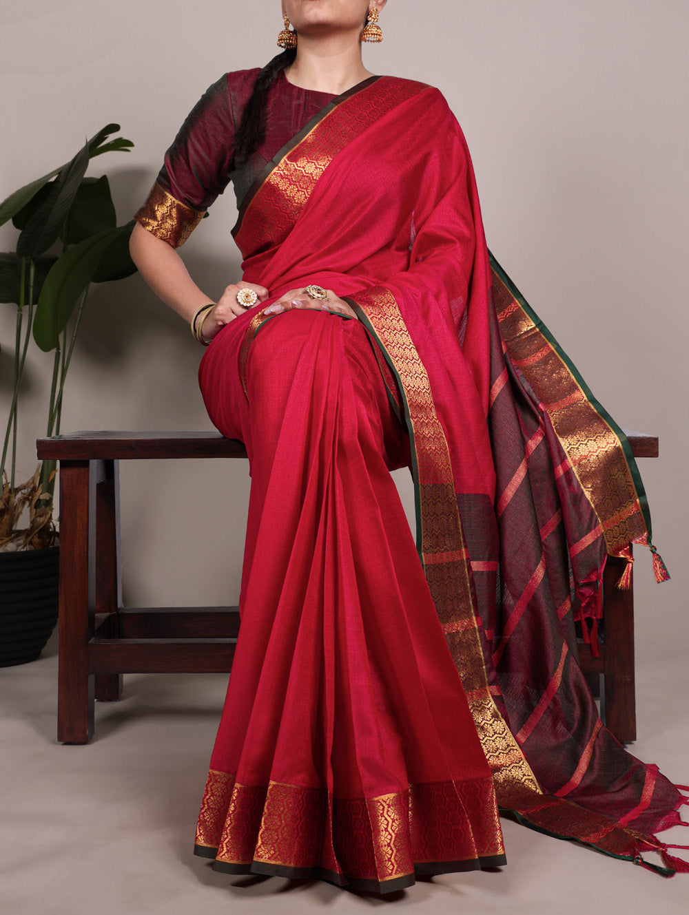 Red Color Zari Weaving Work Poly Cotton Saree By Yana Fab