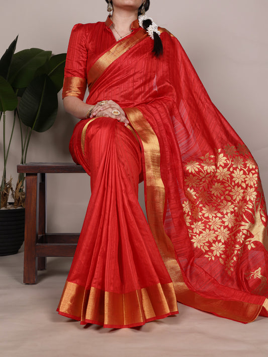 Red Color Zari weaving Work Raw Silk Saree
