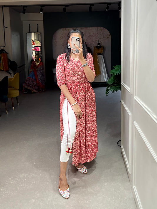Red Color Foil and Printed Rayon Cotton Dress