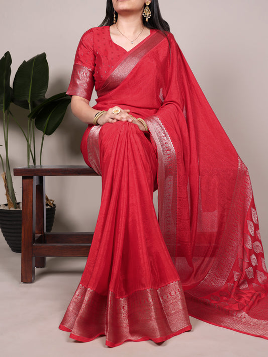 Red Color Self Printted With Zari Weaving Work Chinon saree
