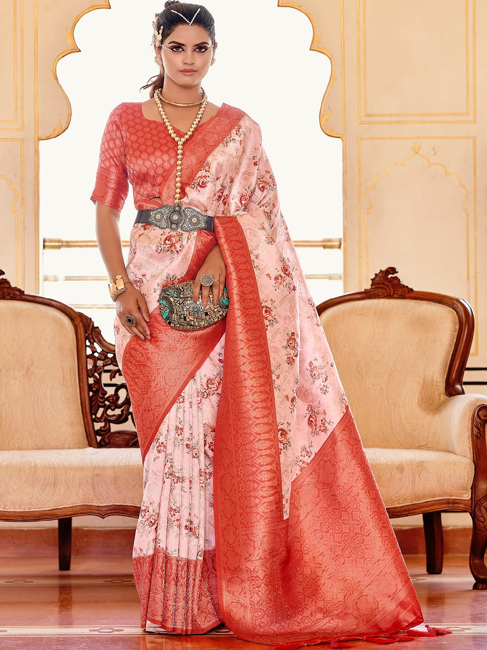 Red Color Digital Printed Softy Silk Saree