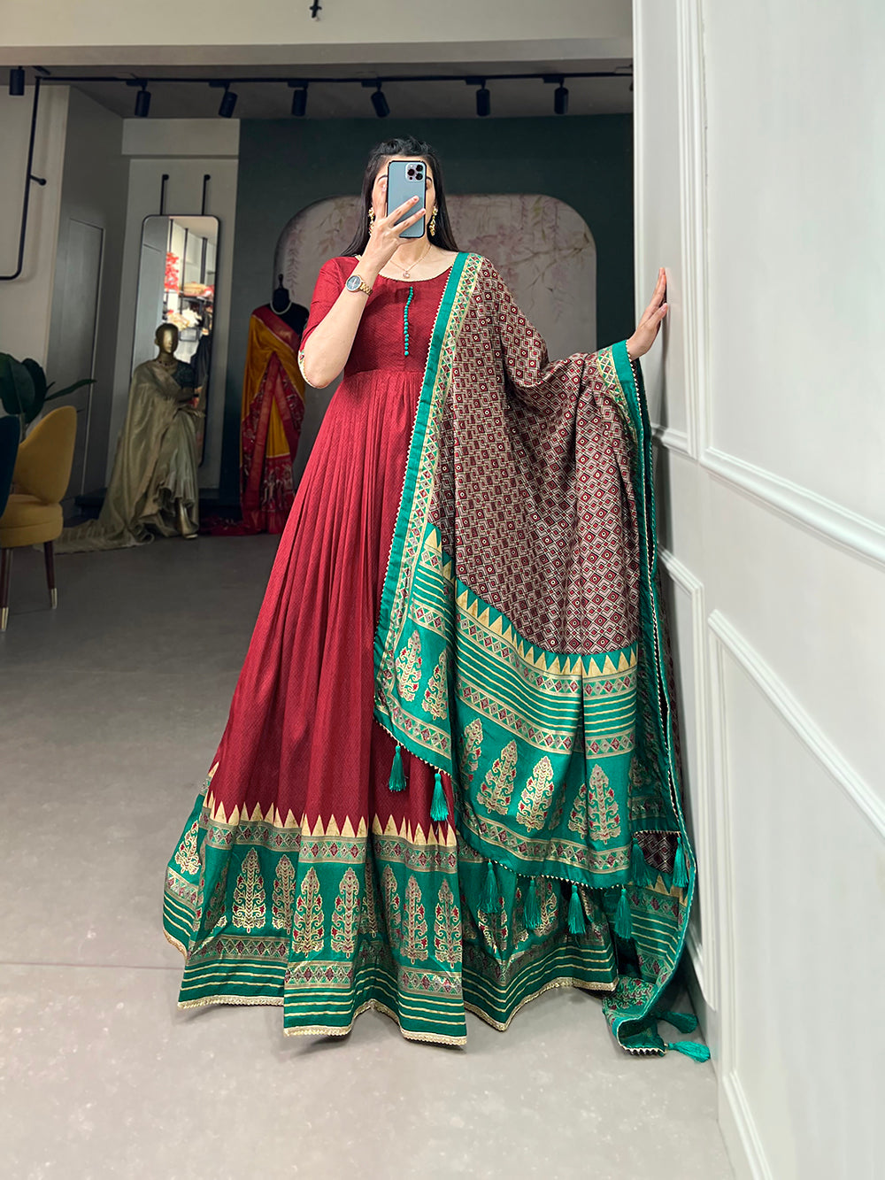 Maroon Color Print With Foil Print Tussar Silk Dress