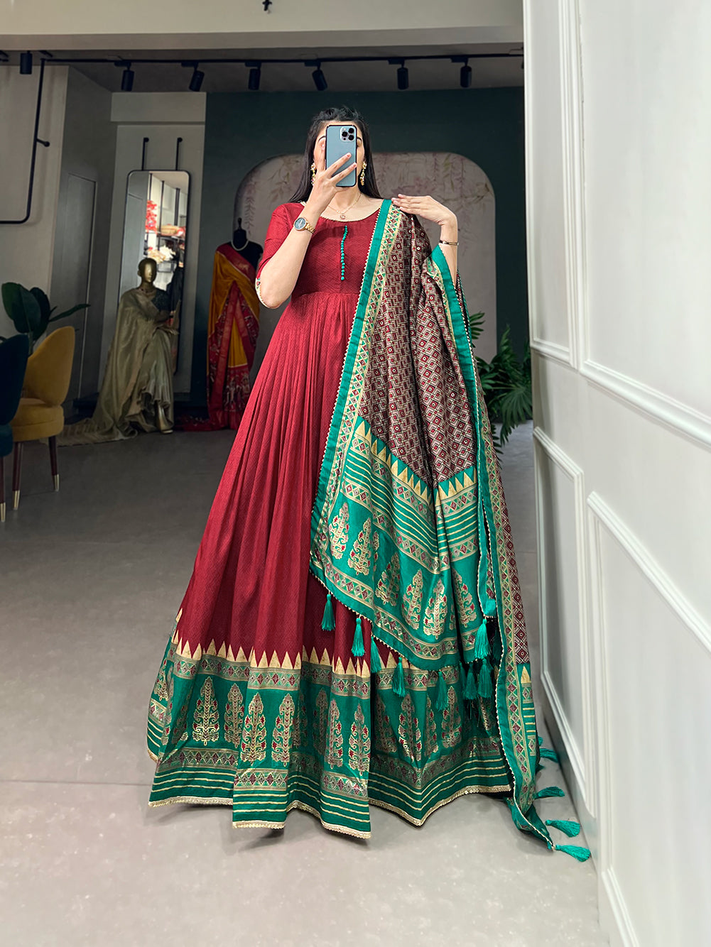 Maroon Color Print With Foil Print Tussar Silk Dress