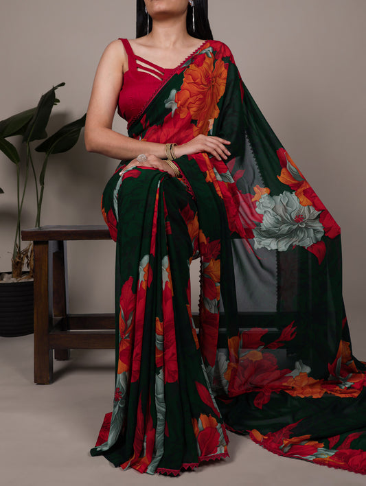 Red Color Floral Print With Lace Border Weightless Marbel Saree