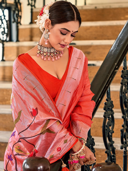 Red Color Weaving Zari Work Paithani Meenakari Saree