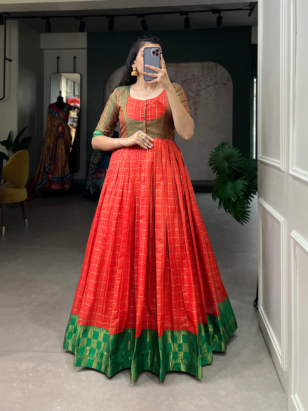 Red Color Zari Weaving Work Zari Chex South Indian Dress