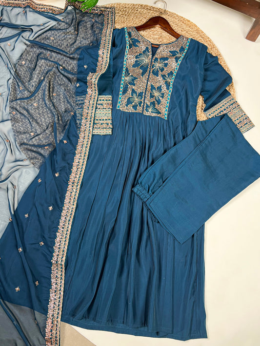 Teal Color Sequince And Thread Embroidery Work Roman Silk Salwar Kameez
