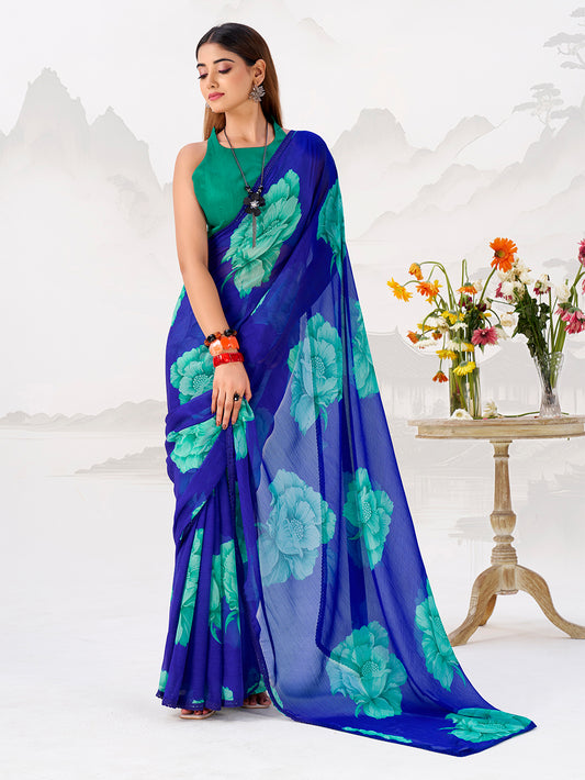Royal Blue Color Floral Print with Lace Border Chiffon Saree