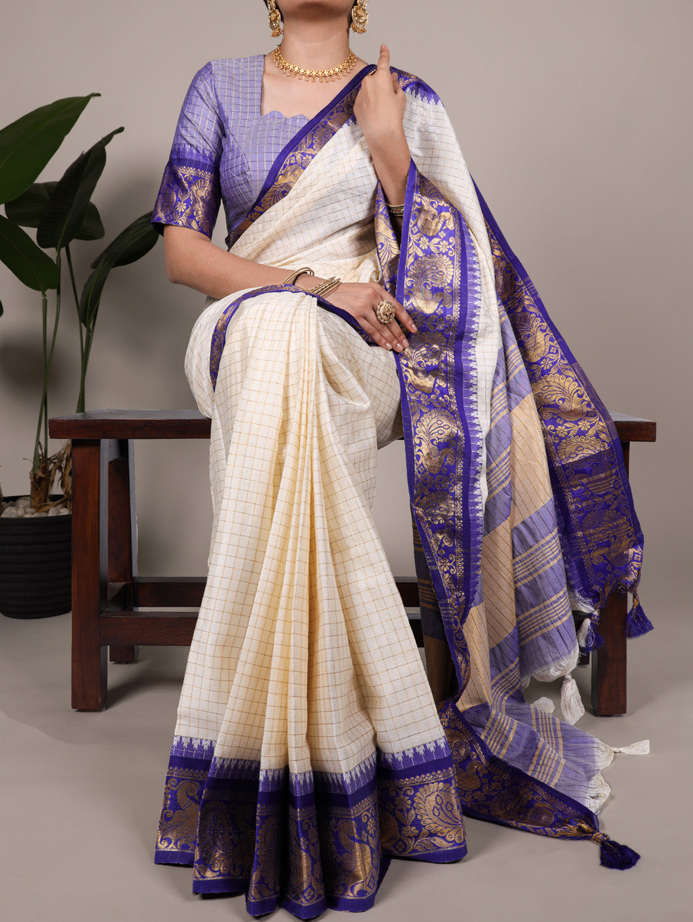 Royal Blue Color Chex With Zari Weaving Work Poly Cotton Saree