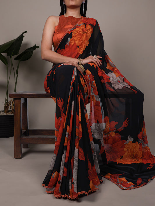 Rust Orange Color Floral Print With Lace Border Weightless Marbel Saree