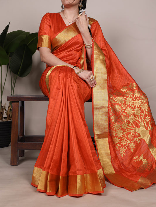 Rust Orange Color Zari weaving Work Raw Silk Saree