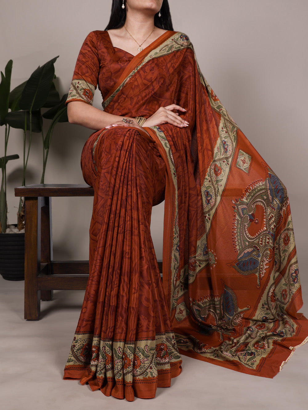 Rust Orange Color Printed Crepe Saree