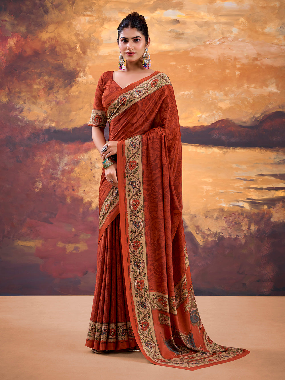 Rust Orange Color Printed Crepe Saree
