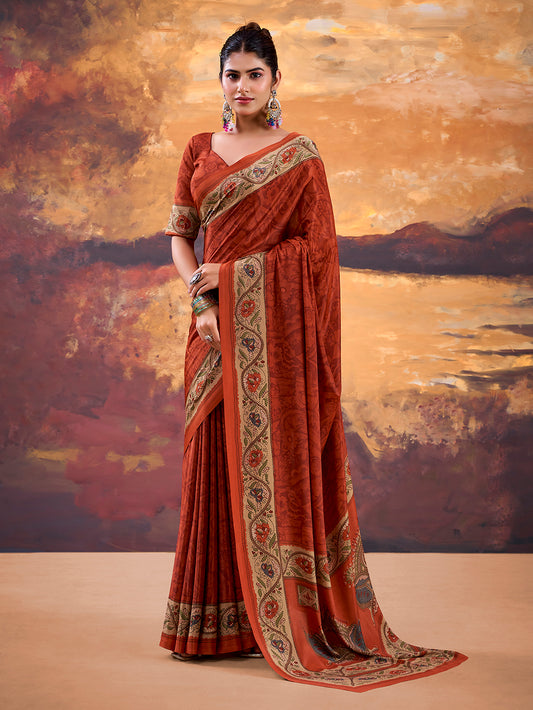 Rust Orange Color Printed Crepe Saree