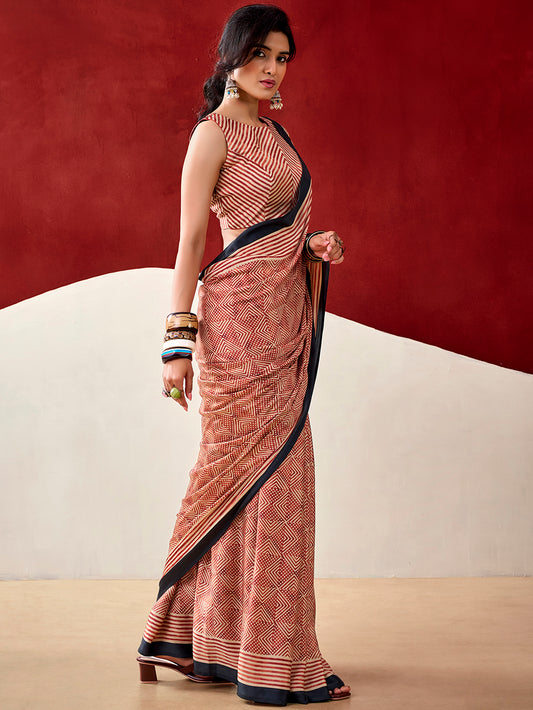 Rust Orange Color Fancy Printed Dull Satin Saree