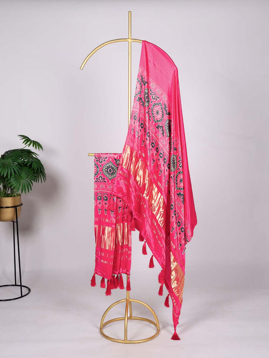 Salmon Color Ajrakh Printed Gaji Silk Dupatta