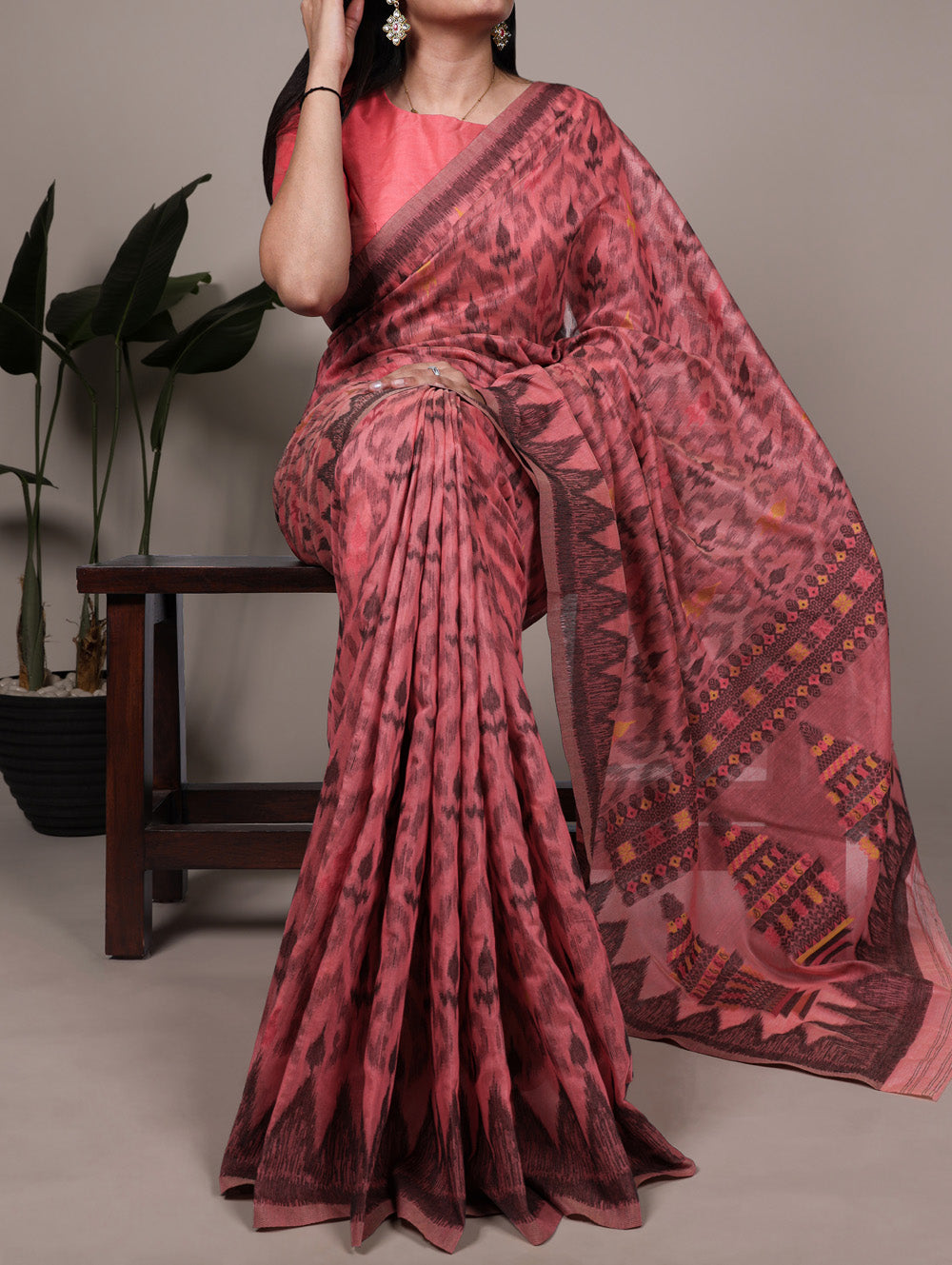Salmon Color Thread Weaving Work Poly Cotton Saree